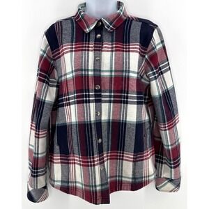Orvis Shacket Women M Fleece Lined Snap Front Cranberry Plaid Shirt Jacket
